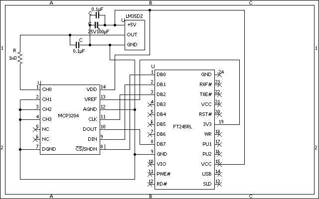 FT245とMCP3204と温度センサLM35の回路図です