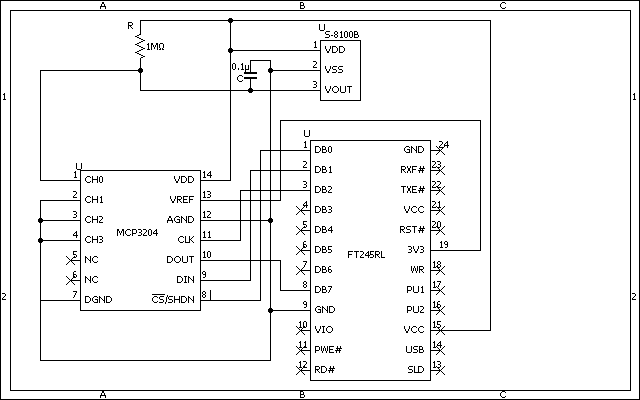 S-8100温度センサとFT245RLを接続した回路図です